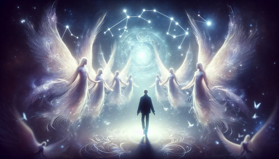 person surrounded by guardian angels