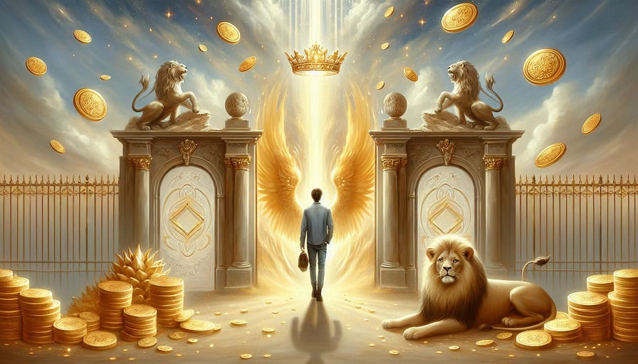 person surrounded by symbols of wealth