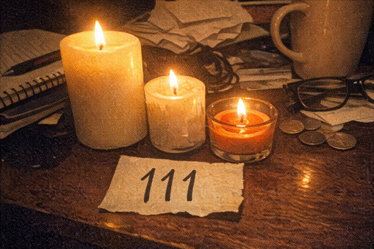 Candles and a 111 note on a desk