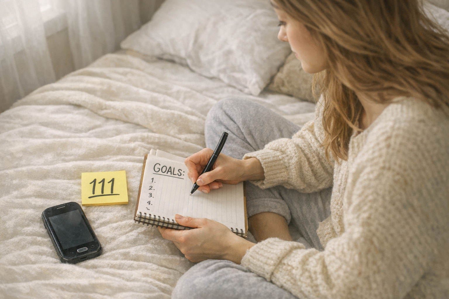 Woman writing goals with a 111 sticky note