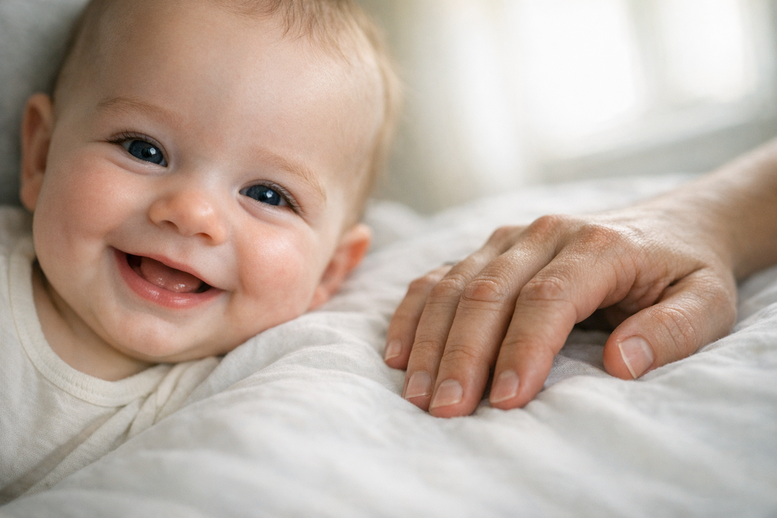 Baby smile easing tension on a bed