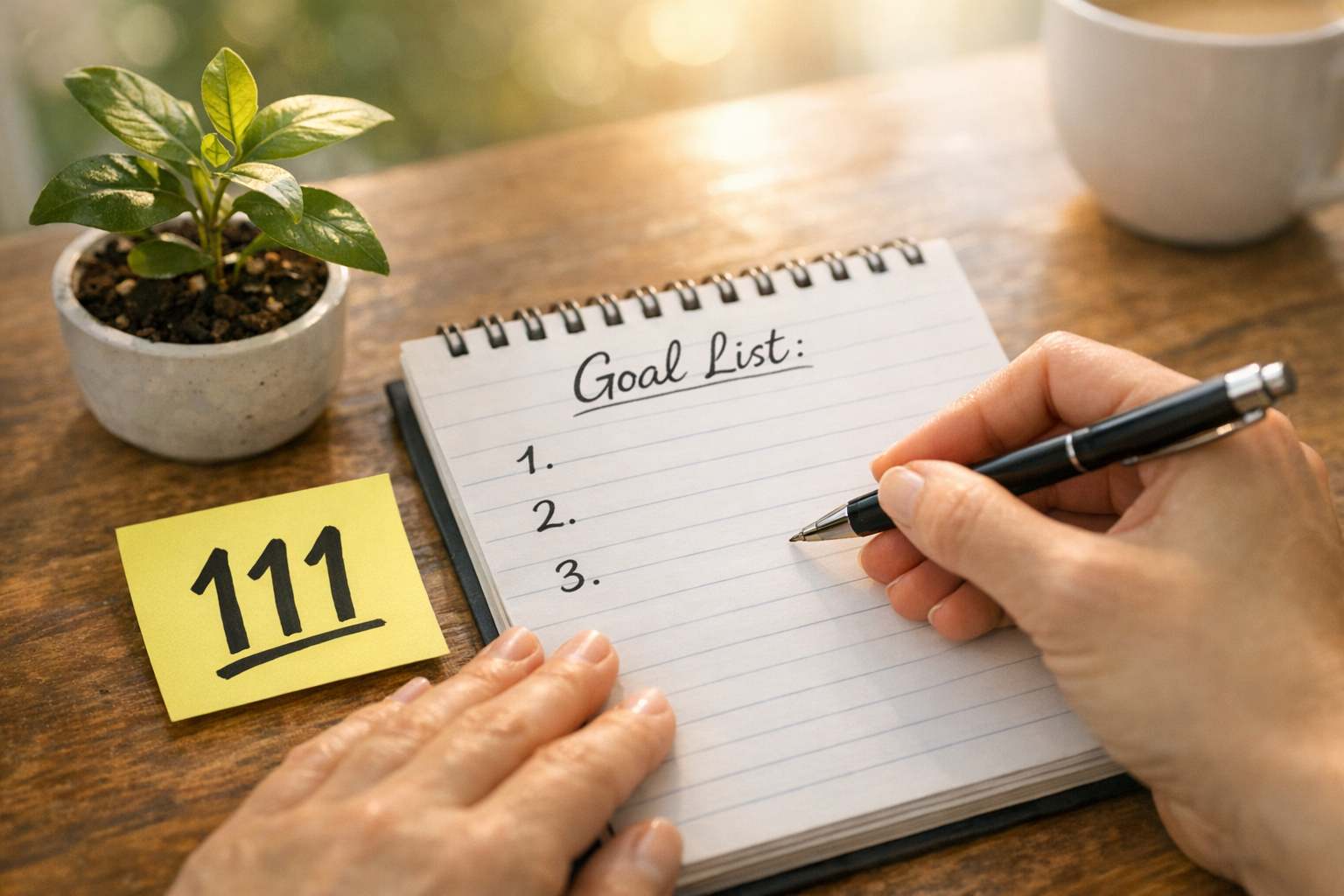 Hands writing goals with a 111 note