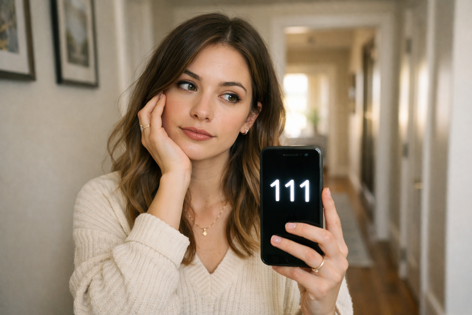 Woman looking at a phone showing 111