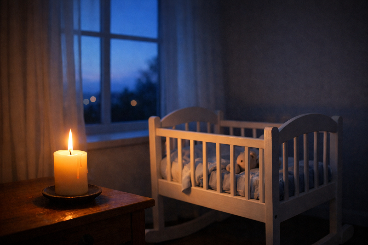 Peaceful closing scene with candle and crib