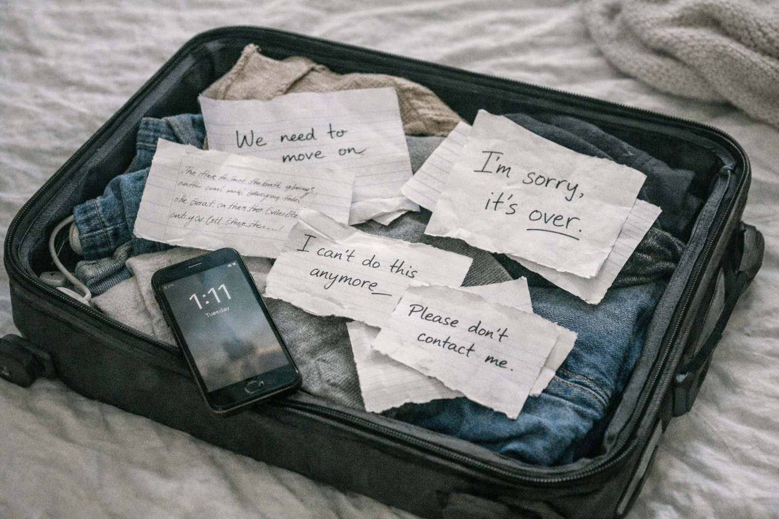 Open suitcase with breakup letters and 111 on phone
