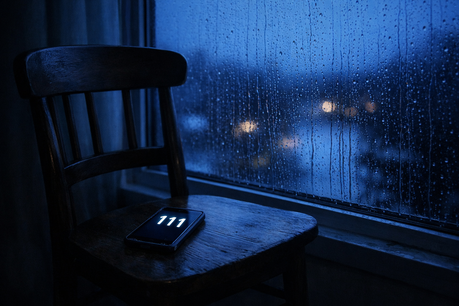 Empty chair with phone showing 111