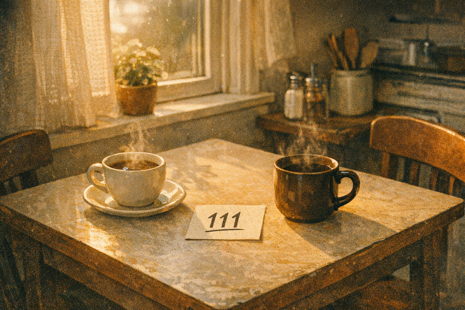 Coffee cups and a 111 note by the window
