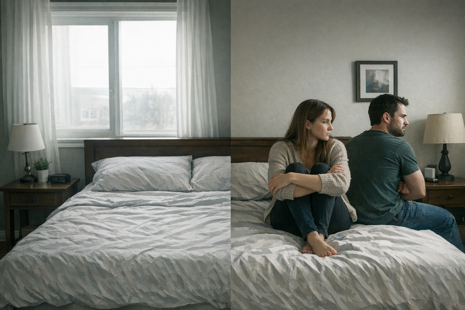 Couple sitting apart on a bed