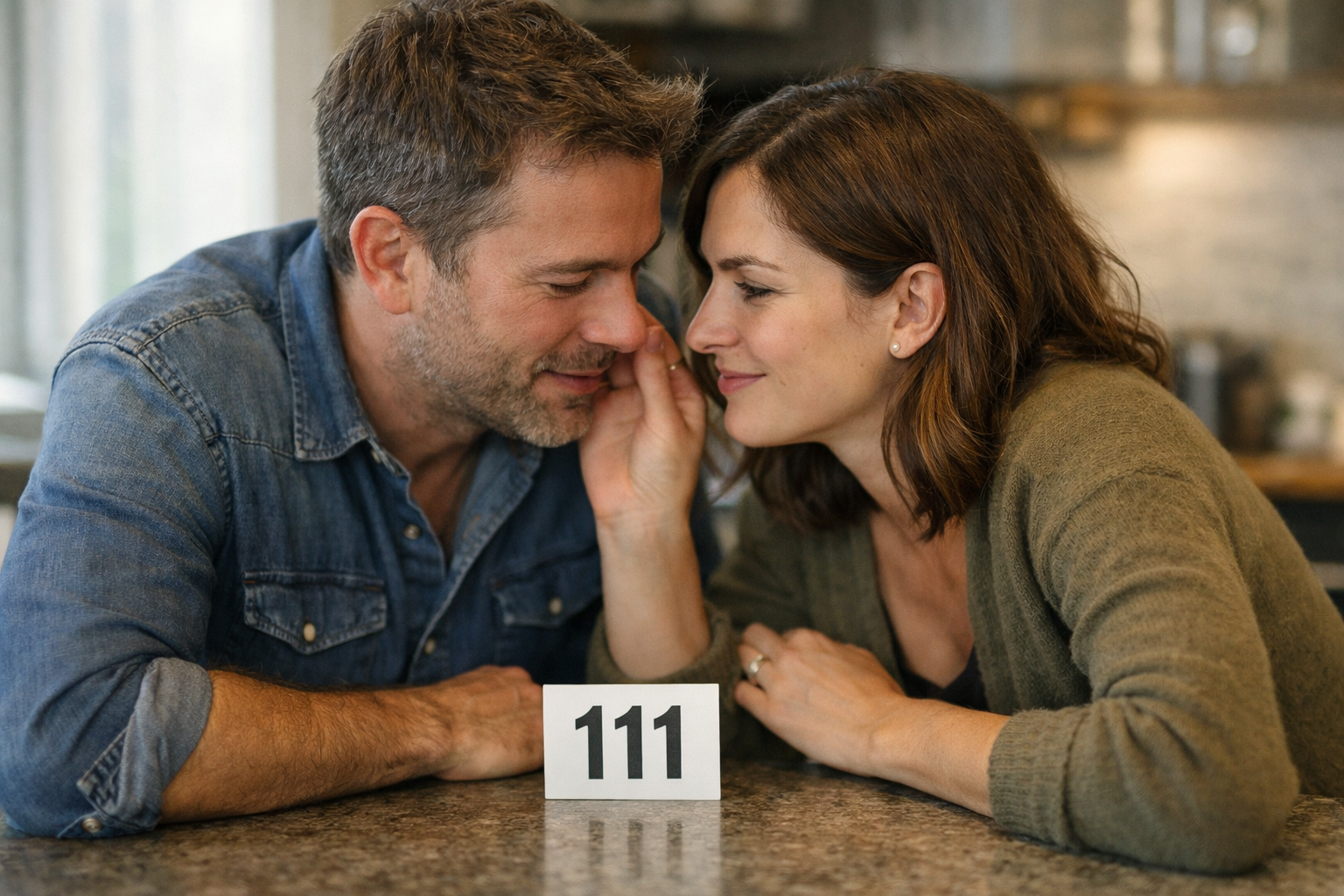 Couple talking with a 111 card between them
