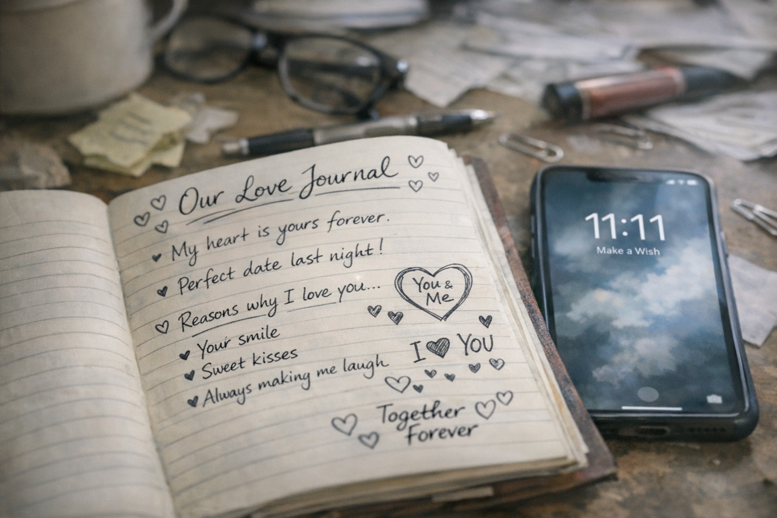 Handwritten journal and phone showing 11:11
