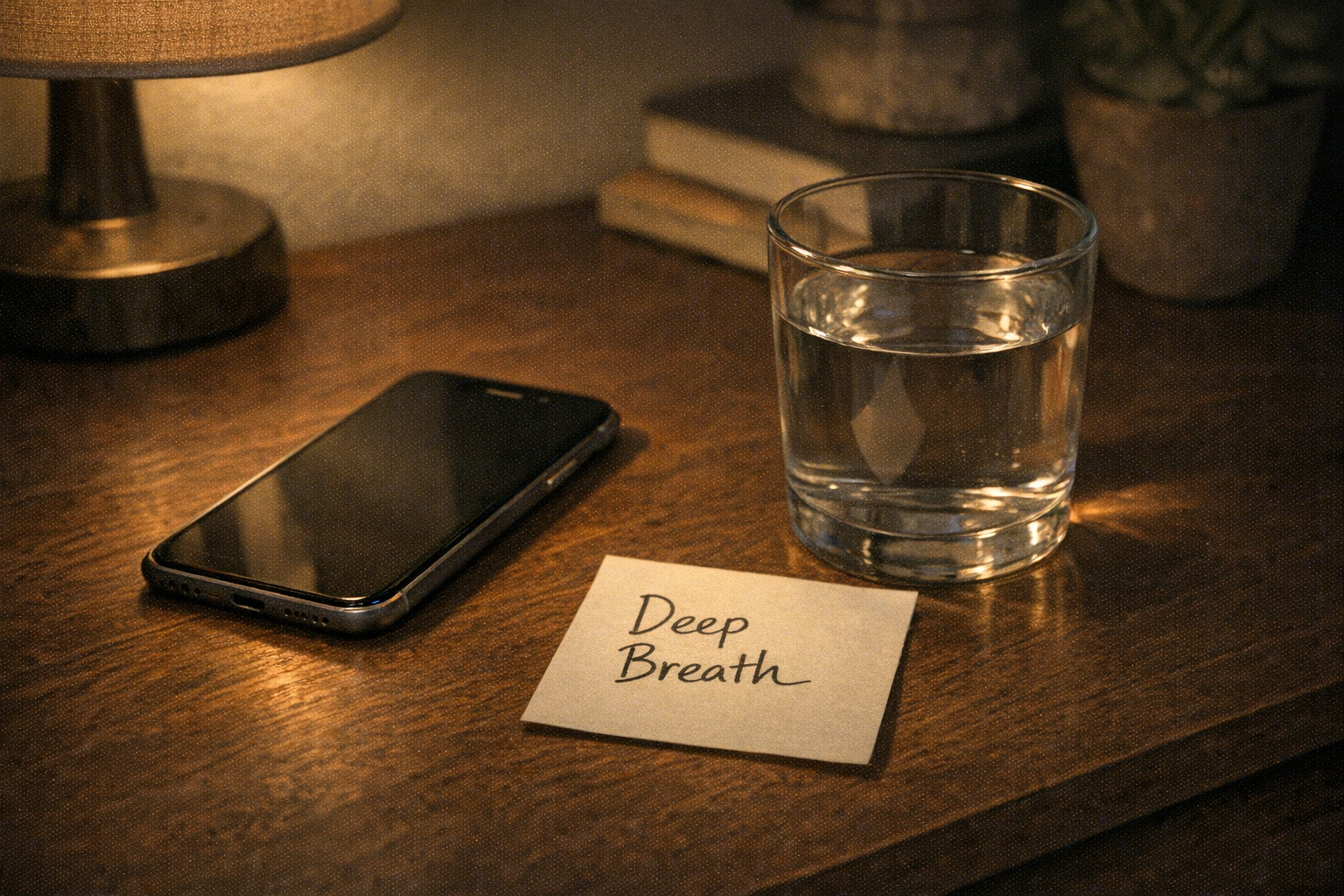 Phone and journal on a dim desk