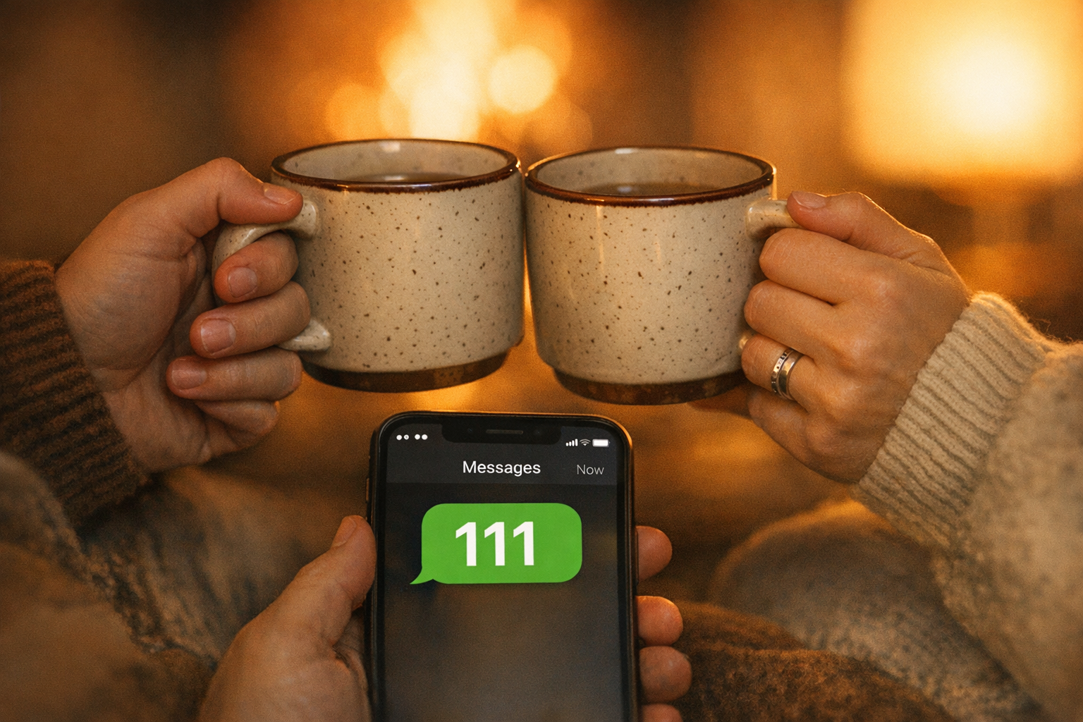 Two hands and a 111 text message