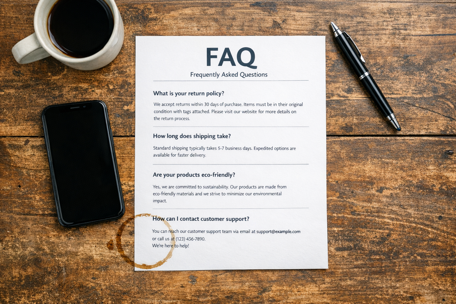 FAQ page on a kitchen table