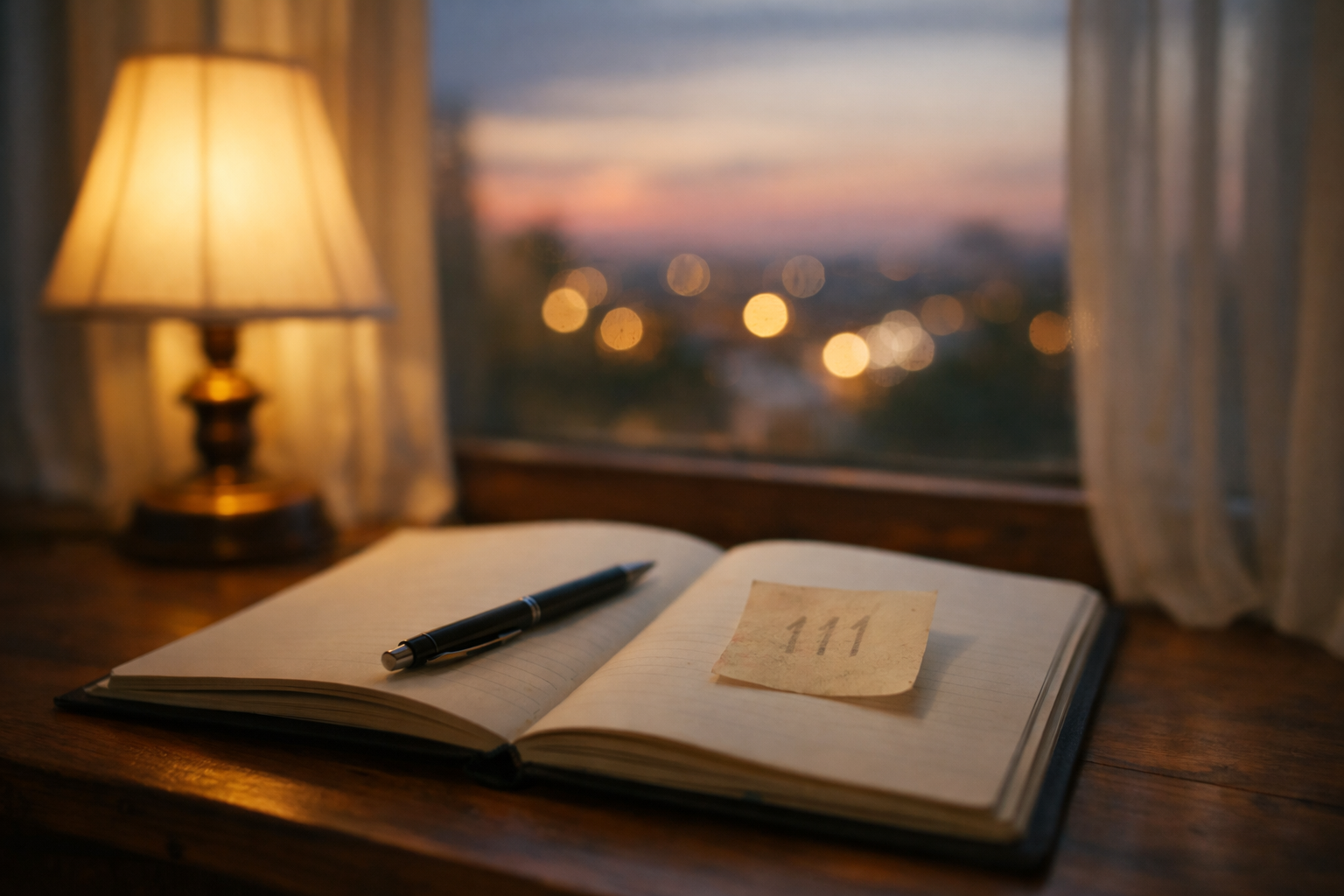 Notebook and 111 note by a window