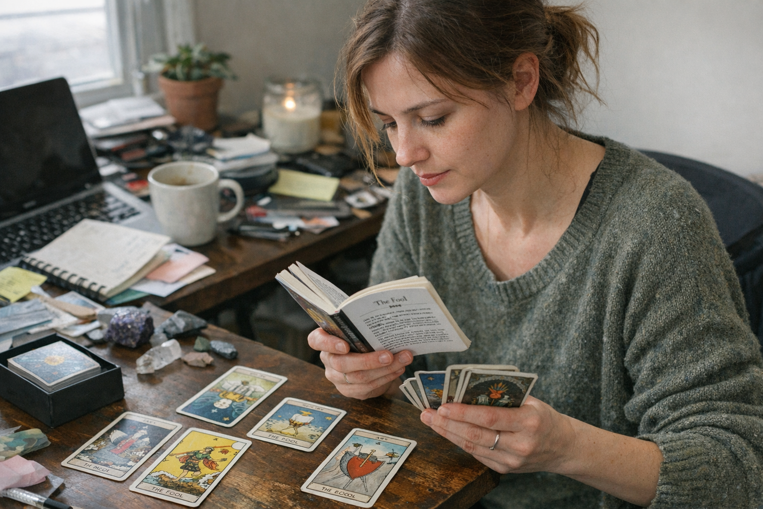 Beginner learning tarot with cards and guide