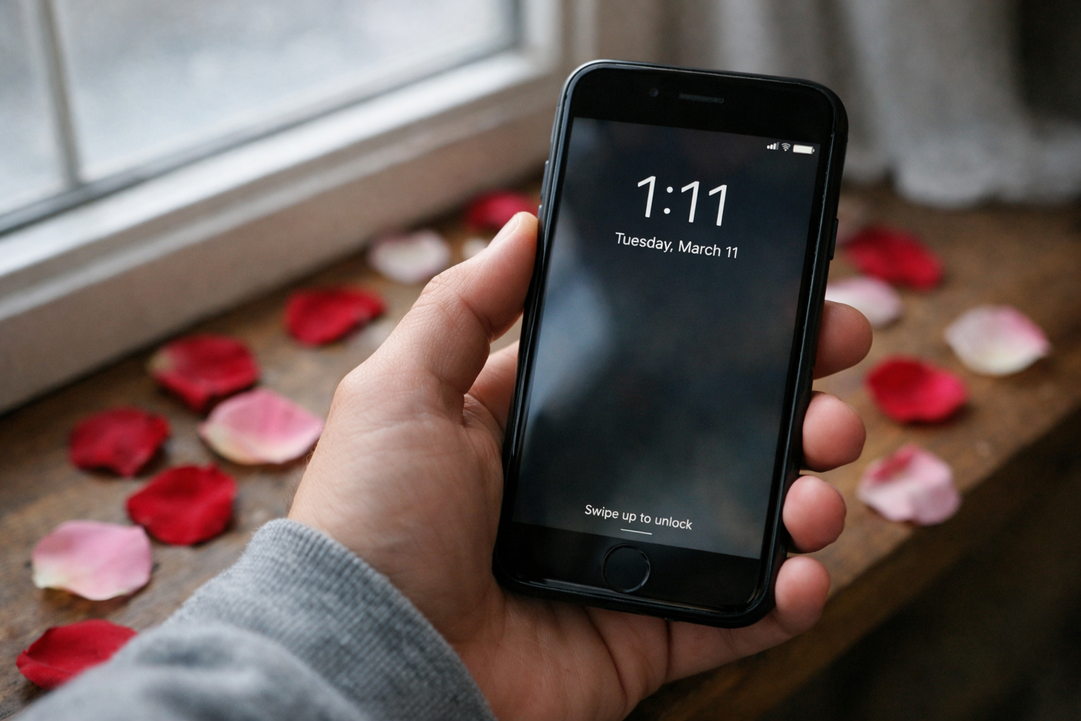 Hand holding a phone at 1:11 near rose petals