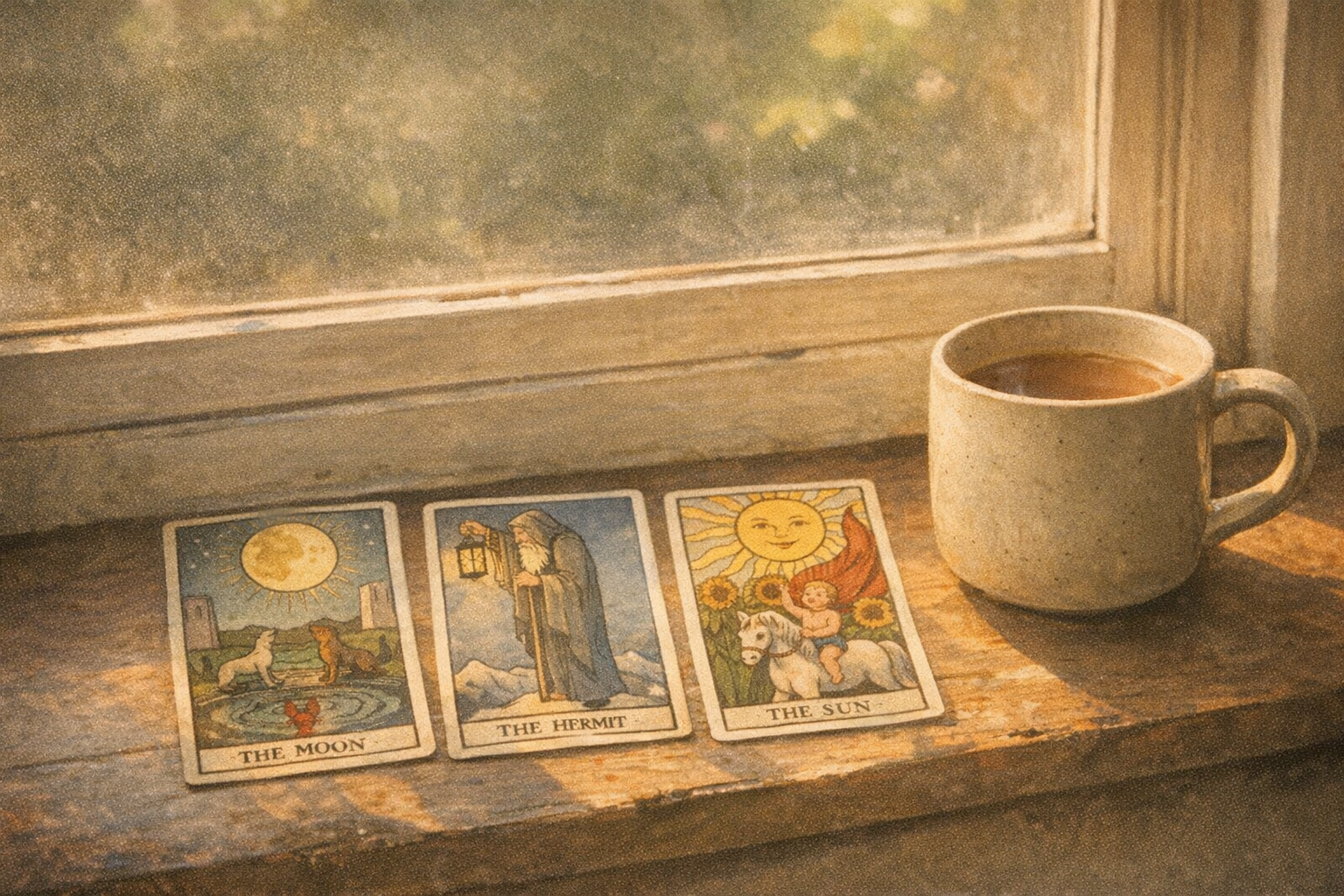 Three tarot cards by a window