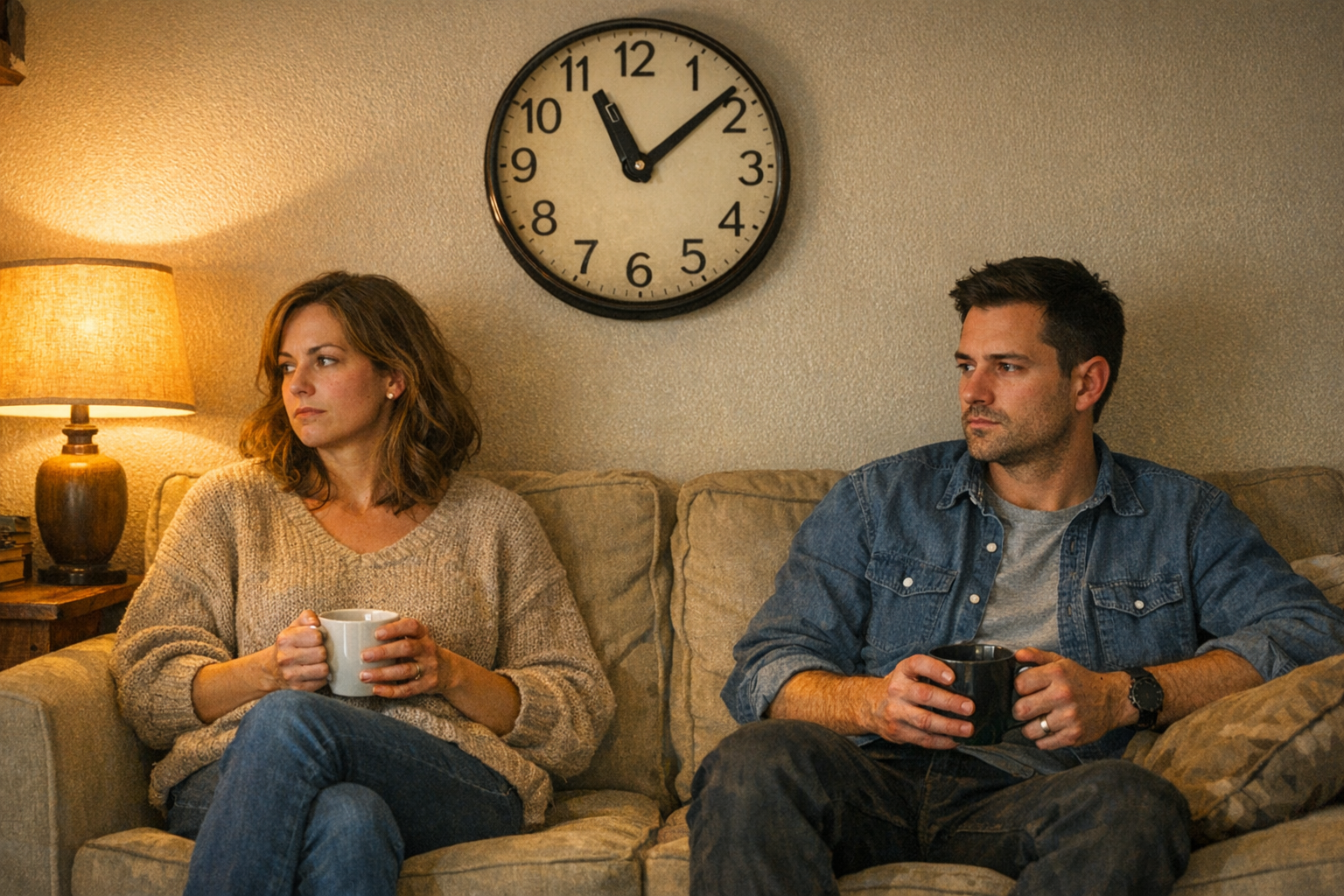 Couple quietly sharing a moment in warm indoor light