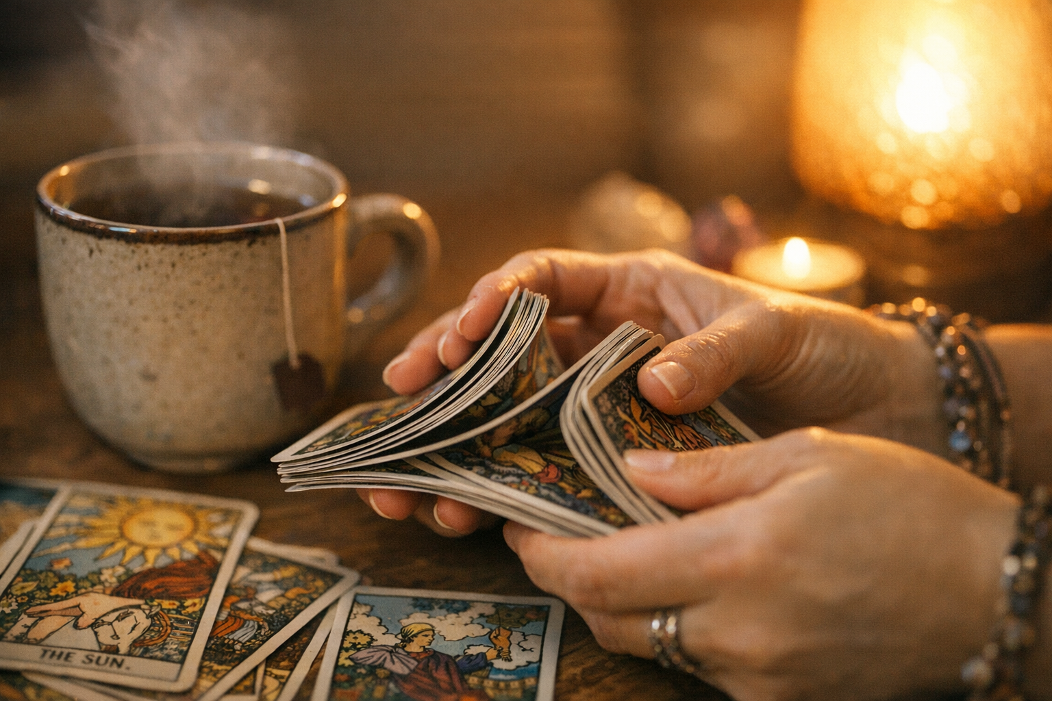 Hands shuffling tarot cards at a table