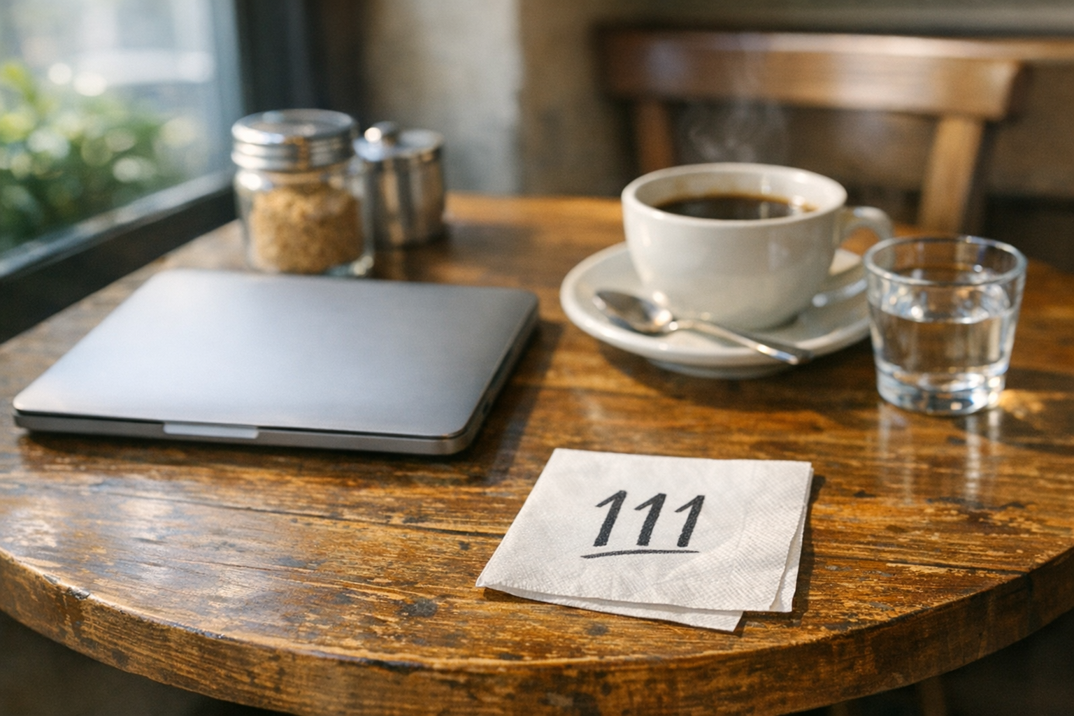 Solo coffee shop table with 111 on napkin