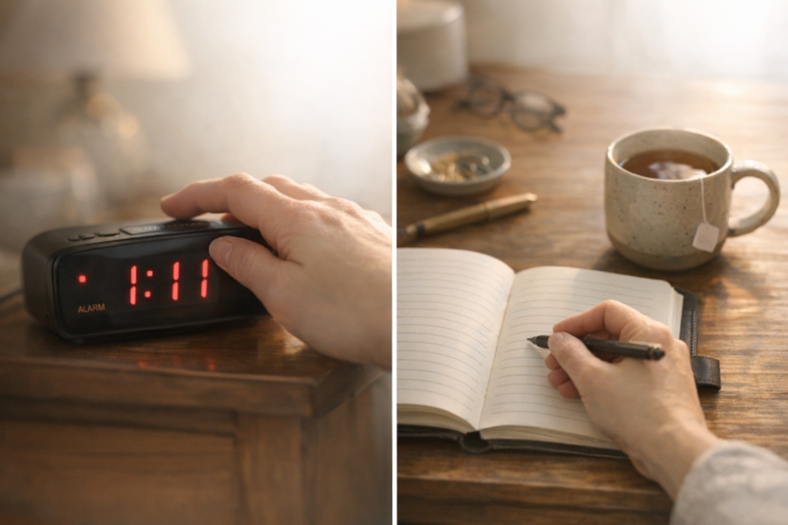 Hand turning off alarm at 1:11 and opening journal