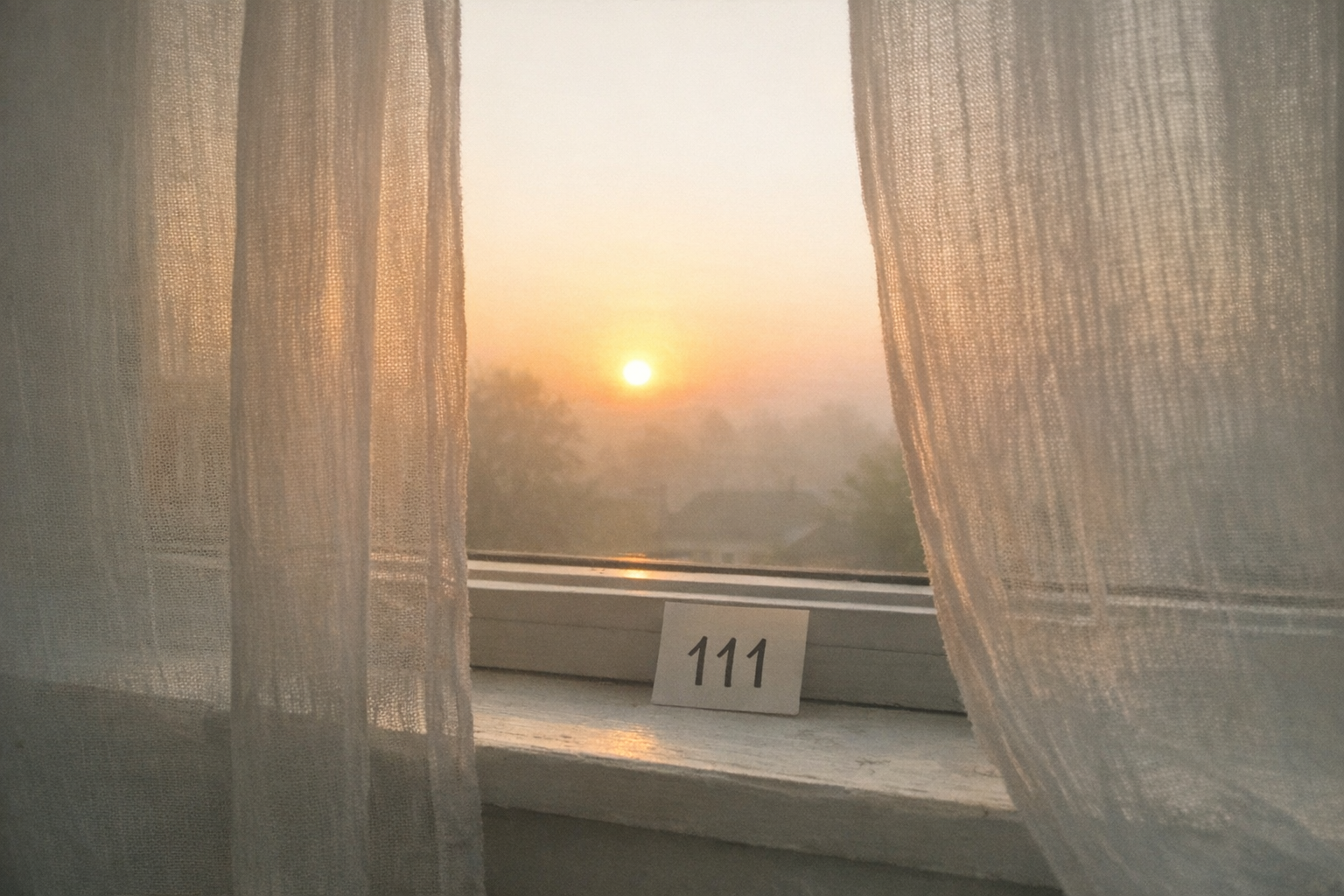 Sunrise with a 111 note on the windowsill