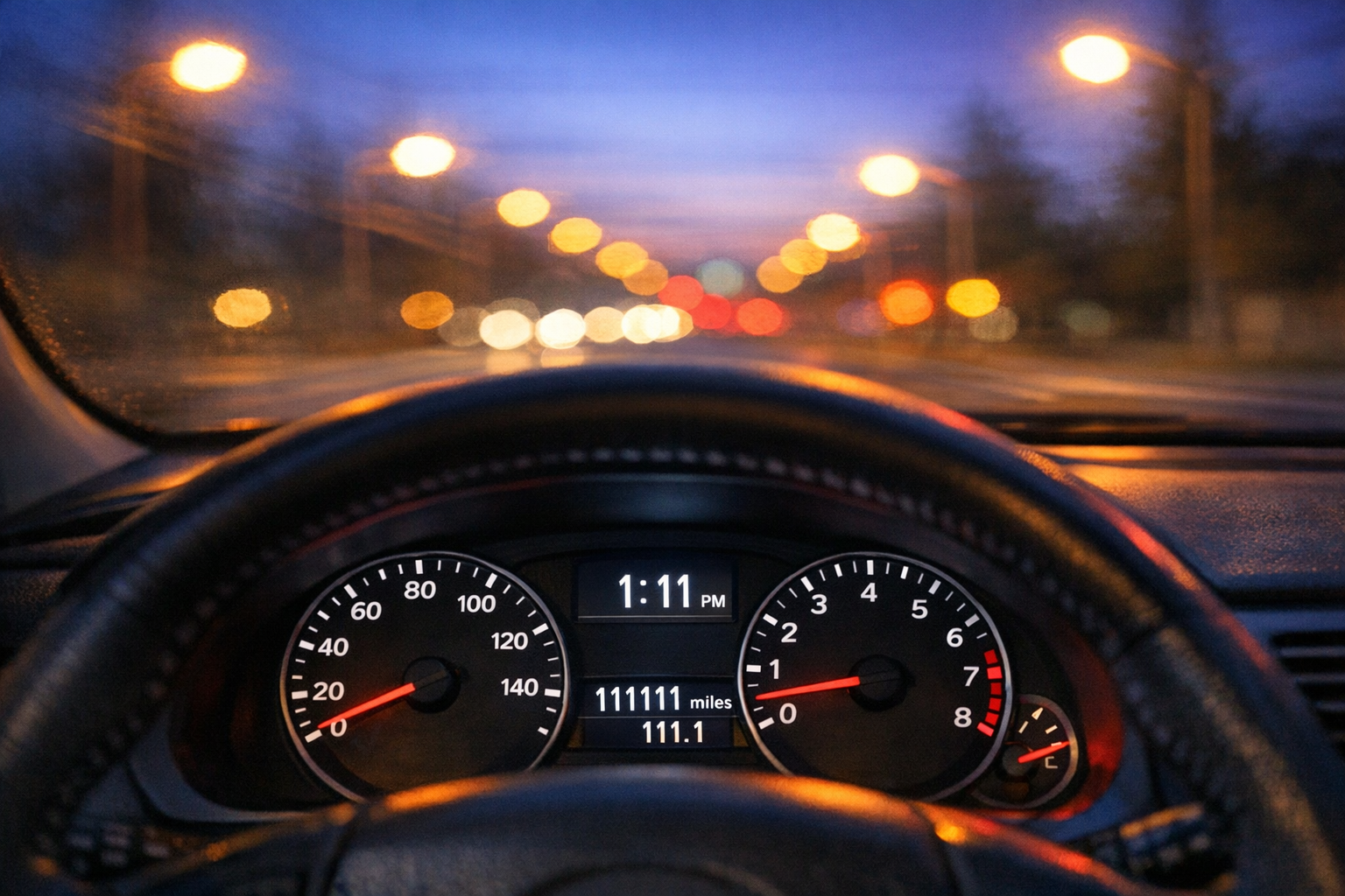 Car dashboard showing 111 at dusk